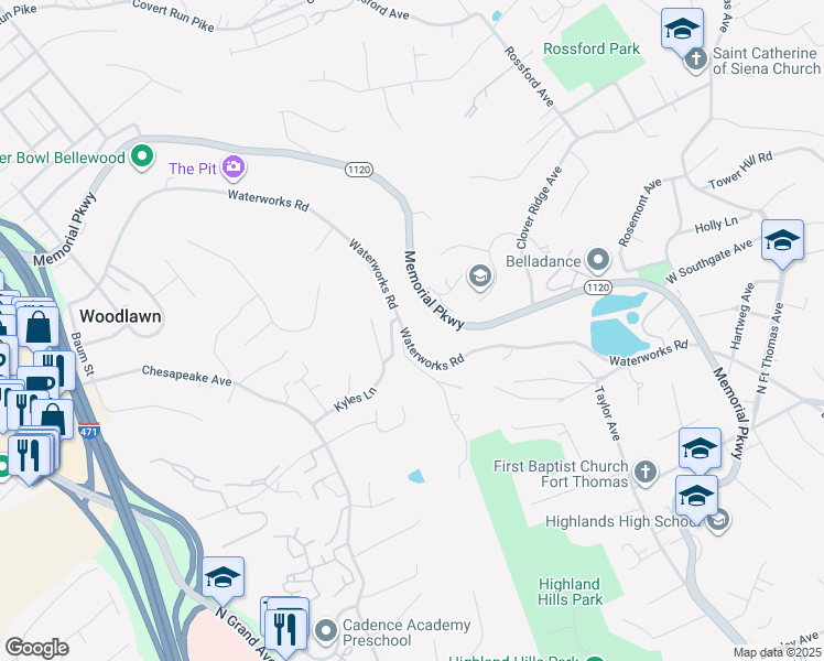 map of restaurants, bars, coffee shops, grocery stores, and more near 593 Waterworks Road in Fort Thomas