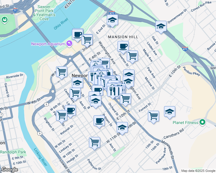 map of restaurants, bars, coffee shops, grocery stores, and more near 717 Monmouth Street in Newport