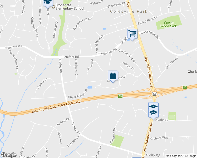 map of restaurants, bars, coffee shops, grocery stores, and more near 245 Amberleigh Drive in Silver Spring