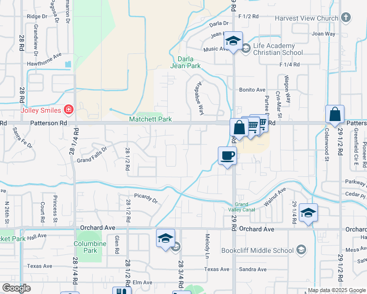 map of restaurants, bars, coffee shops, grocery stores, and more near 590 West Indian Creek Drive in Grand Junction