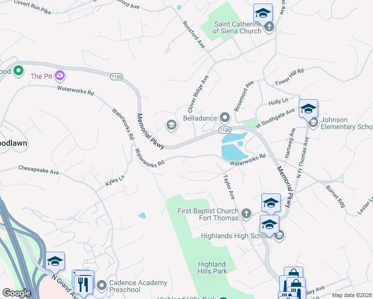 map of restaurants, bars, coffee shops, grocery stores, and more near 1881 Memorial Pkwy in Fort Thomas