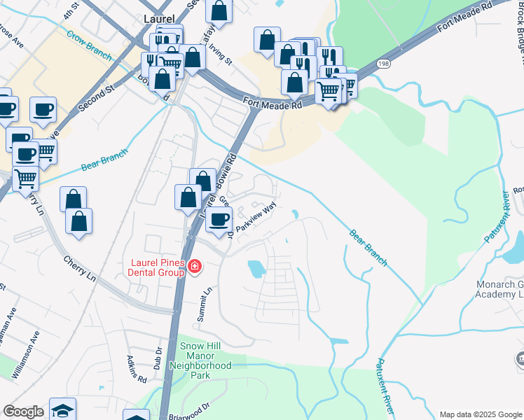 map of restaurants, bars, coffee shops, grocery stores, and more near 9402 Parkview Way in Laurel
