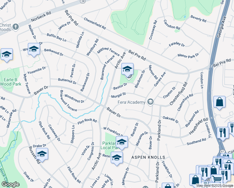 map of restaurants, bars, coffee shops, grocery stores, and more near 4517 Morgal Street in Rockville