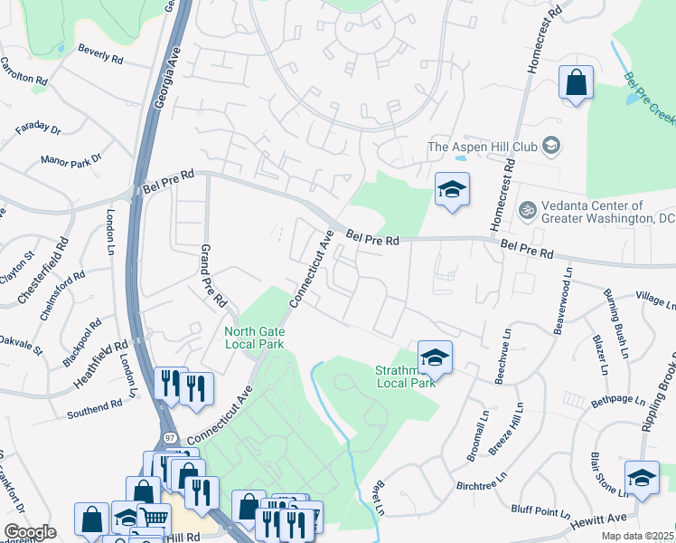 map of restaurants, bars, coffee shops, grocery stores, and more near 3500 Pear Tree Court in Silver Spring