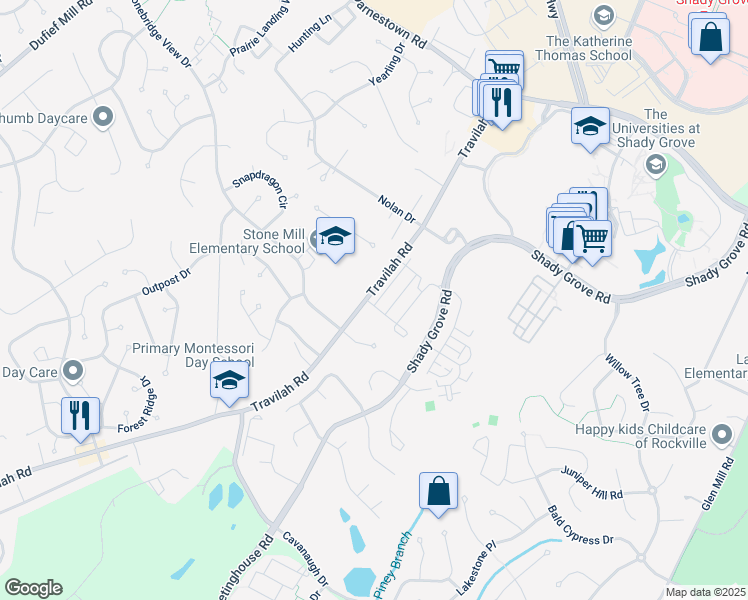 map of restaurants, bars, coffee shops, grocery stores, and more near 14211 Travilah Road in Rockville