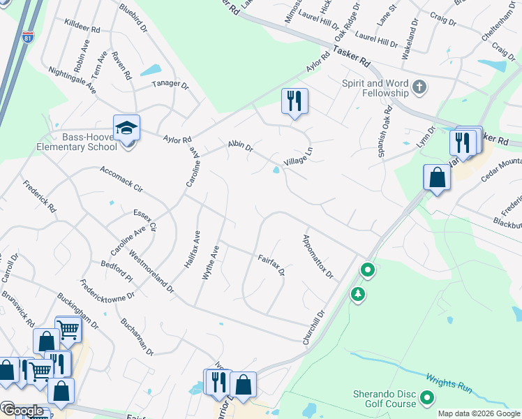 map of restaurants, bars, coffee shops, grocery stores, and more near 104 New Kent Court in Stephens City