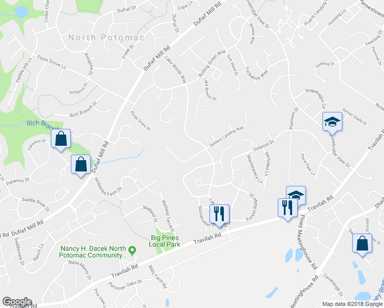 map of restaurants, bars, coffee shops, grocery stores, and more near 14454 Settlers Landing Way in North Potomac