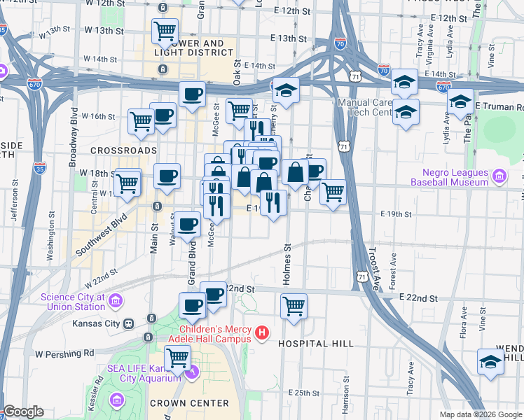 map of restaurants, bars, coffee shops, grocery stores, and more near 1901 Cherry Street in Kansas City