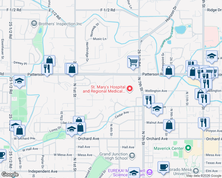 map of restaurants, bars, coffee shops, grocery stores, and more near 2501-2527 Mira Vista Road in Grand Junction
