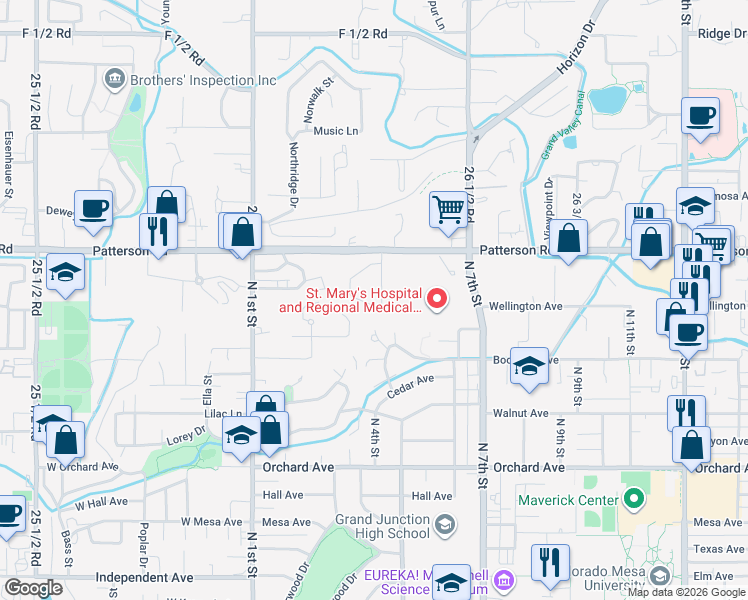 map of restaurants, bars, coffee shops, grocery stores, and more near 2501-2527 Mira Vista Road in Grand Junction