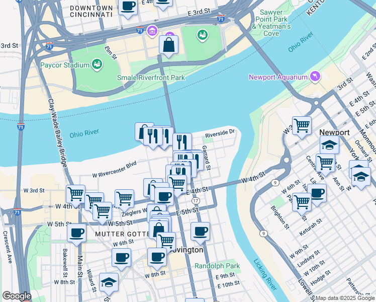 map of restaurants, bars, coffee shops, grocery stores, and more near 206A East 2nd Street in Covington