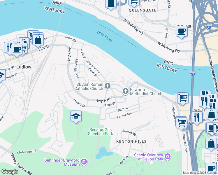 map of restaurants, bars, coffee shops, grocery stores, and more near 1265 Parkway Avenue in Covington
