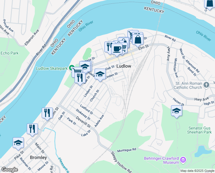 map of restaurants, bars, coffee shops, grocery stores, and more near 511 Teed Alley in Ludlow
