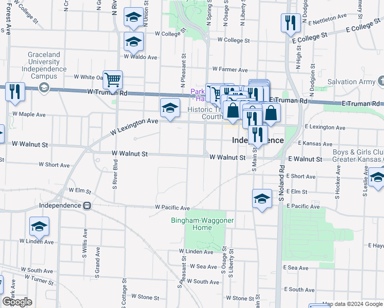 map of restaurants, bars, coffee shops, grocery stores, and more near 403 West Walnut Street in Independence