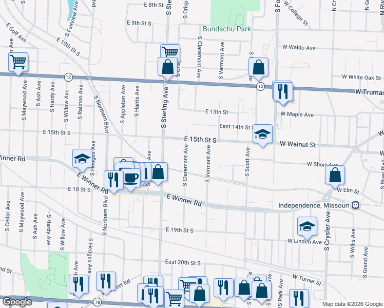 map of restaurants, bars, coffee shops, grocery stores, and more near 1603 South Claremont Avenue in Independence