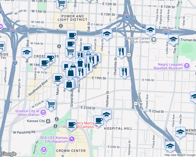 map of restaurants, bars, coffee shops, grocery stores, and more near 1901 Cherry Street in Kansas City