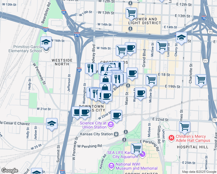 map of restaurants, bars, coffee shops, grocery stores, and more near 217 West 19 Terrace in Kansas City