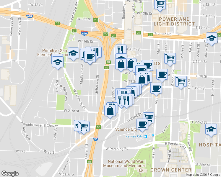map of restaurants, bars, coffee shops, grocery stores, and more near 1827/2 Washington Street in Kansas City