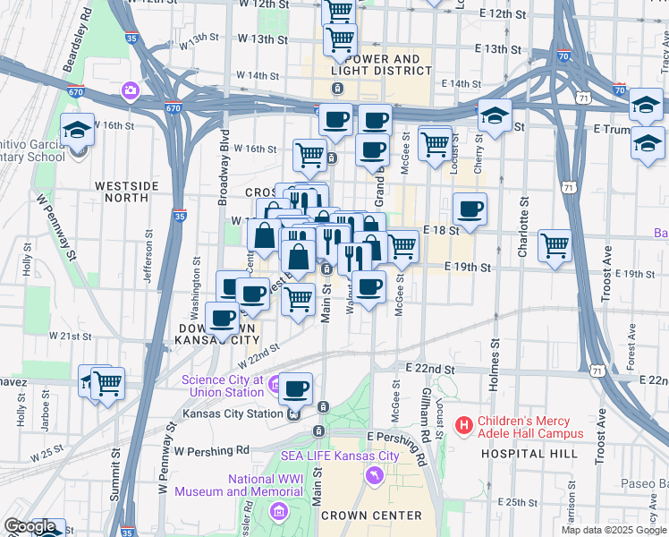 map of restaurants, bars, coffee shops, grocery stores, and more near 1908 Main Street in Kansas City