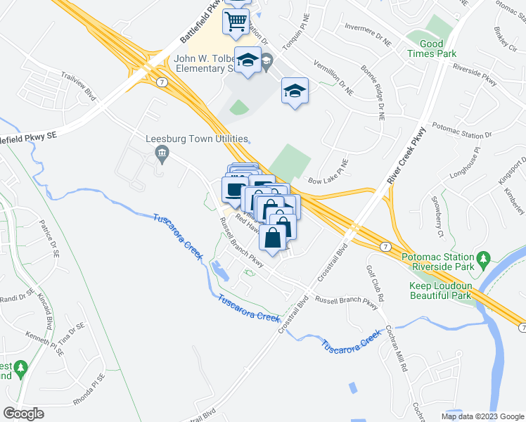 map of restaurants, bars, coffee shops, grocery stores, and more near 1604 Village Market Boulevard Southeast in Leesburg