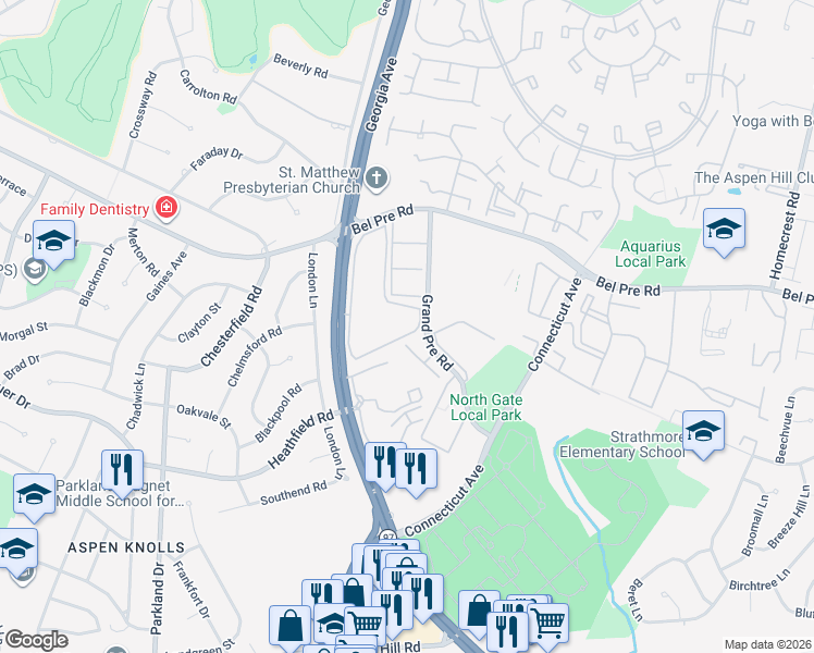 map of restaurants, bars, coffee shops, grocery stores, and more near 14221 Georgia Avenue in Aspen Hill