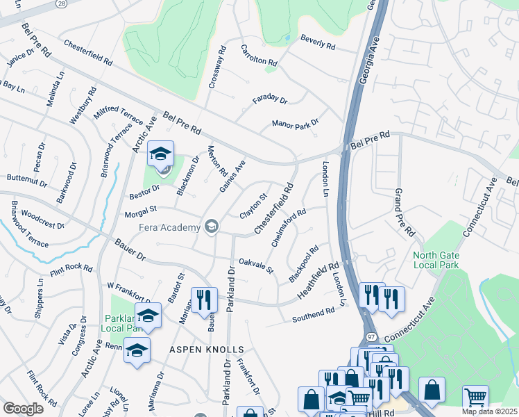 map of restaurants, bars, coffee shops, grocery stores, and more near 14219 Clayton Street in Rockville