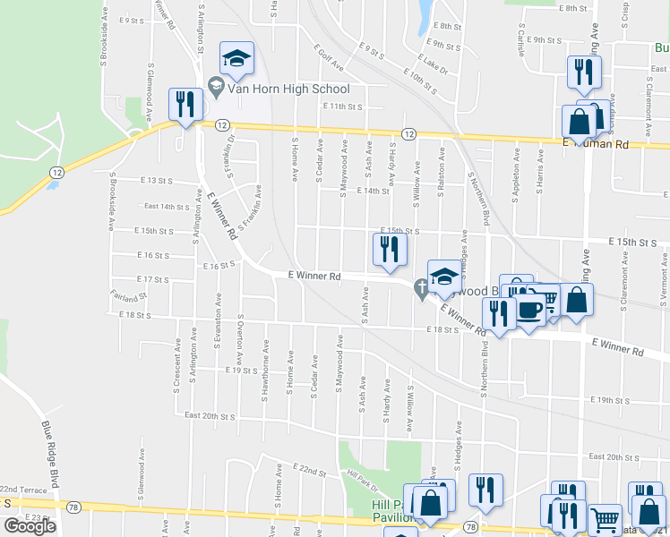 map of restaurants, bars, coffee shops, grocery stores, and more near 1536 South Maywood Avenue in Independence