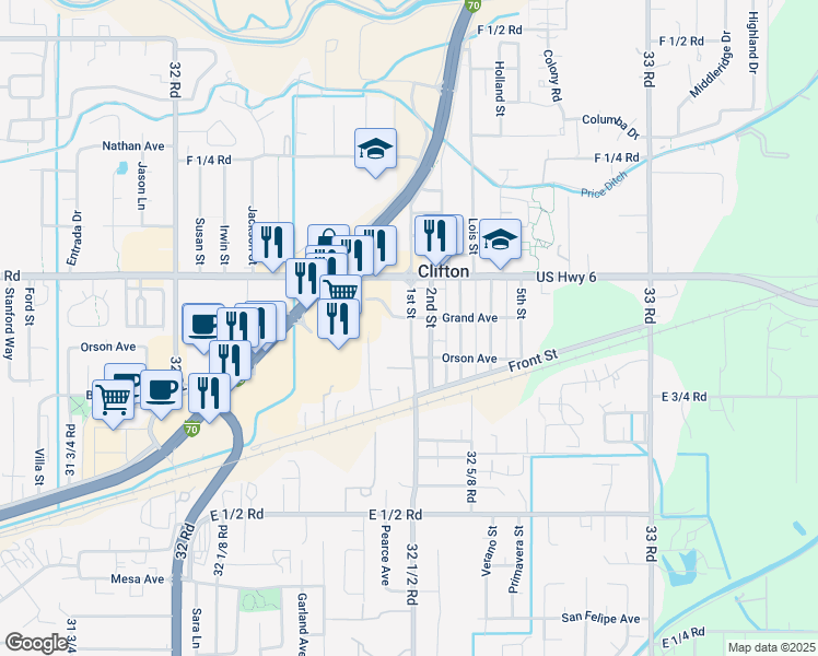 map of restaurants, bars, coffee shops, grocery stores, and more near 200 1st Street in Clifton