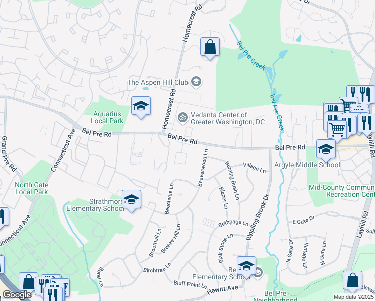 map of restaurants, bars, coffee shops, grocery stores, and more near 2941 Saint Helen Circle in Silver Spring