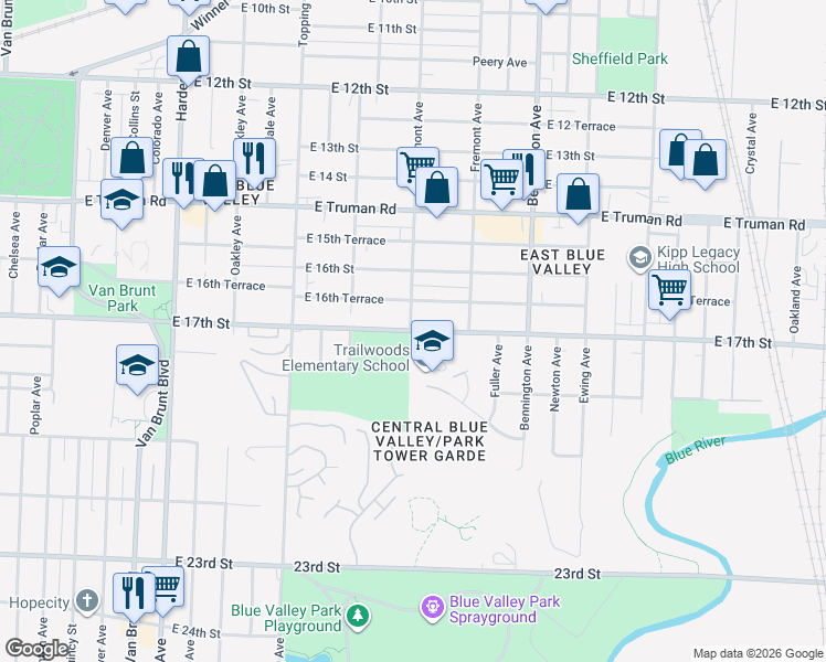map of restaurants, bars, coffee shops, grocery stores, and more near 1709 Belmont Avenue in Kansas City
