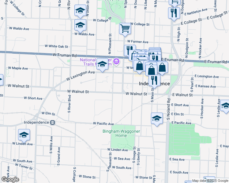 map of restaurants, bars, coffee shops, grocery stores, and more near 403 West Walnut Street in Independence