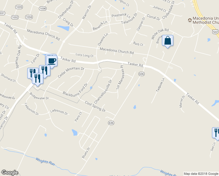 map of restaurants, bars, coffee shops, grocery stores, and more near 119 Chancellorsville Drive in Stephens City