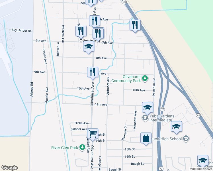 map of restaurants, bars, coffee shops, grocery stores, and more near 4704 Ardmore Avenue in Olivehurst