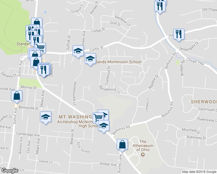map of restaurants, bars, coffee shops, grocery stores, and more near 2068 Trailwood Drive in Cincinnati