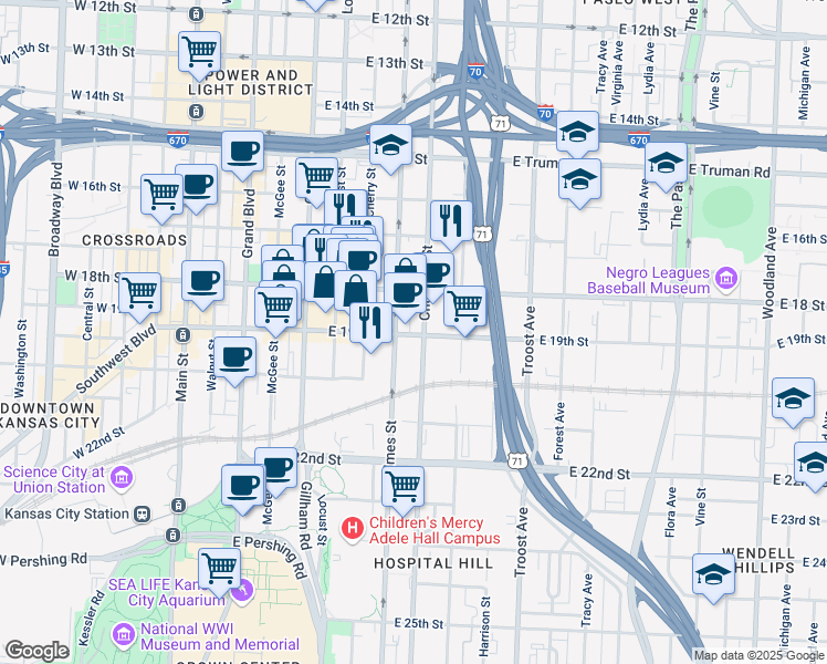 map of restaurants, bars, coffee shops, grocery stores, and more near 712 East 19th Street in Kansas City
