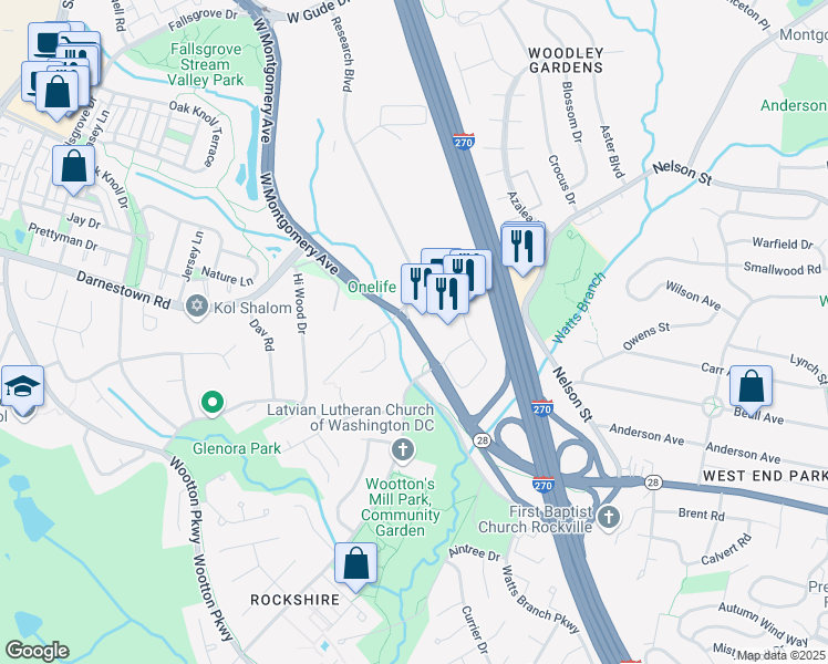 map of restaurants, bars, coffee shops, grocery stores, and more near West Montgomery Avenue in Rockville
