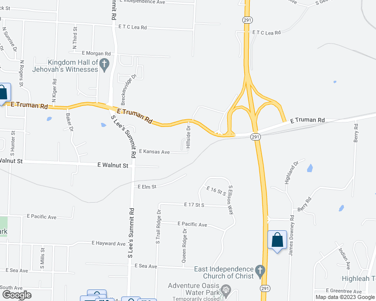 map of restaurants, bars, coffee shops, grocery stores, and more near 121 Hillside Drive in Independence