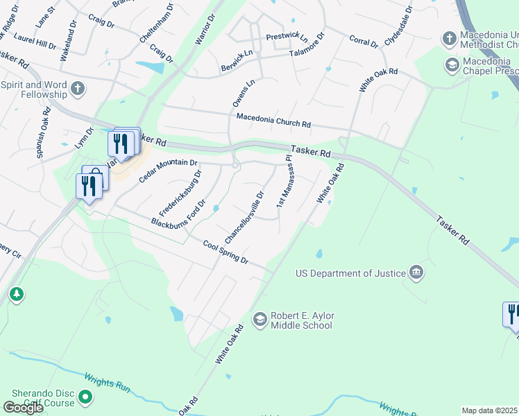 map of restaurants, bars, coffee shops, grocery stores, and more near 119 Chancellorsville Drive in Stephens City