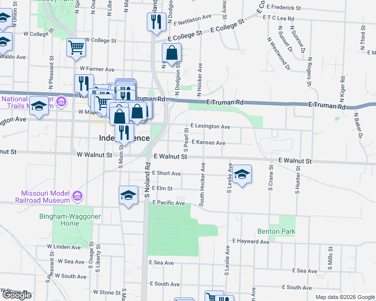 map of restaurants, bars, coffee shops, grocery stores, and more near 402 East Walnut Street in Independence
