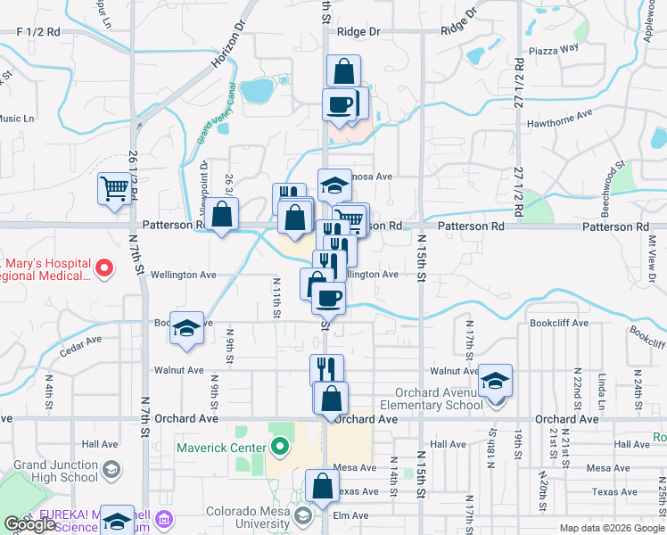 map of restaurants, bars, coffee shops, grocery stores, and more near 1201-1225 Wellington Avenue in Grand Junction