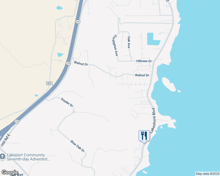 map of restaurants, bars, coffee shops, grocery stores, and more near 501 Island View Drive in Lakeport