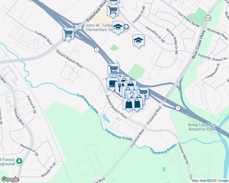 map of restaurants, bars, coffee shops, grocery stores, and more near Dodona Terrace South East & Village Market Boulevard Southeast in Leesburg