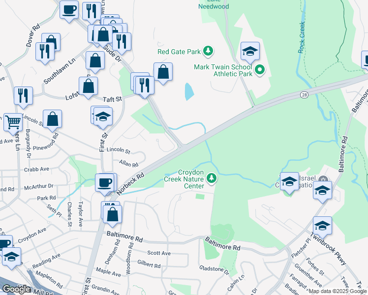 map of restaurants, bars, coffee shops, grocery stores, and more near Norbeck Rd & E Gude Dr in Rockville