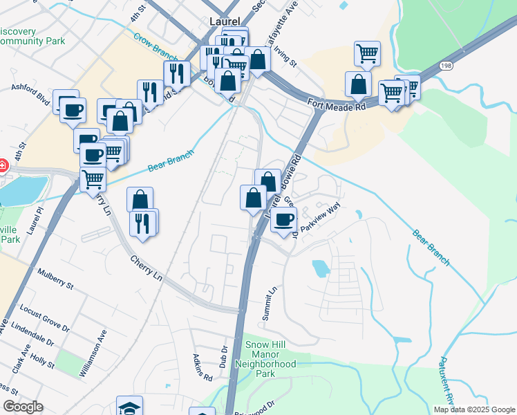 map of restaurants, bars, coffee shops, grocery stores, and more near 14601 Bowie Road in Laurel