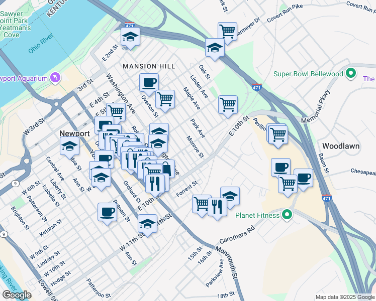 map of restaurants, bars, coffee shops, grocery stores, and more near 917 Boone Street in Newport