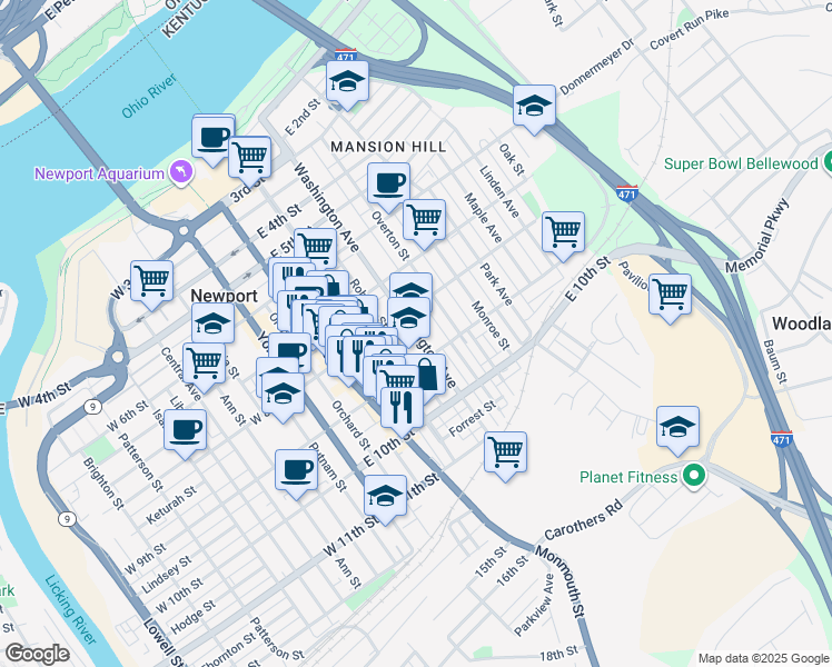 map of restaurants, bars, coffee shops, grocery stores, and more near 825 Roberts Street in Newport