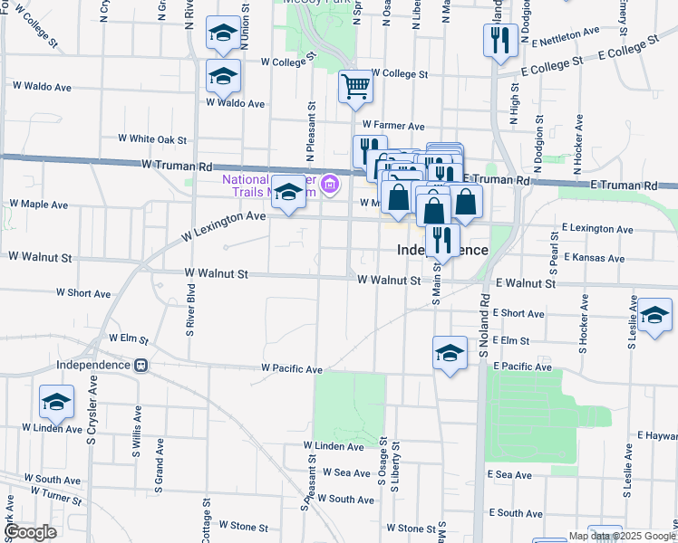 map of restaurants, bars, coffee shops, grocery stores, and more near 403 West Walnut Street in Independence