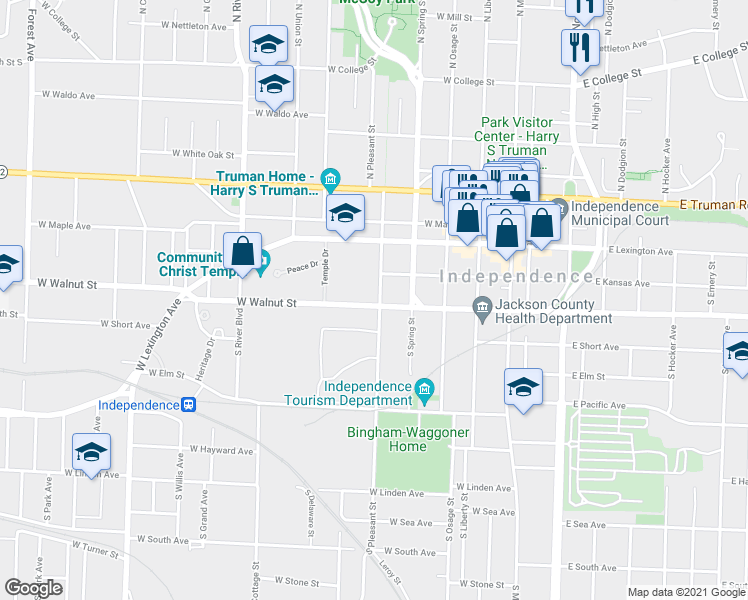 map of restaurants, bars, coffee shops, grocery stores, and more near 516 West Walnut Street in Independence