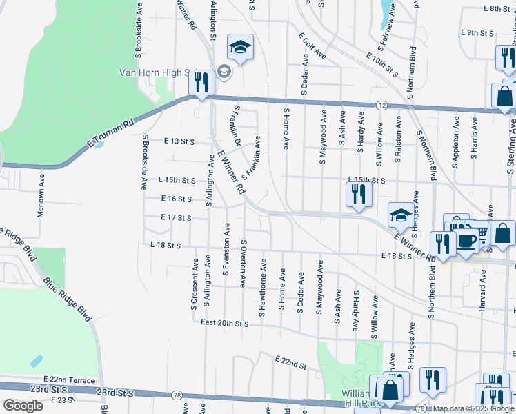 map of restaurants, bars, coffee shops, grocery stores, and more near 9910 East Winner Road in Independence