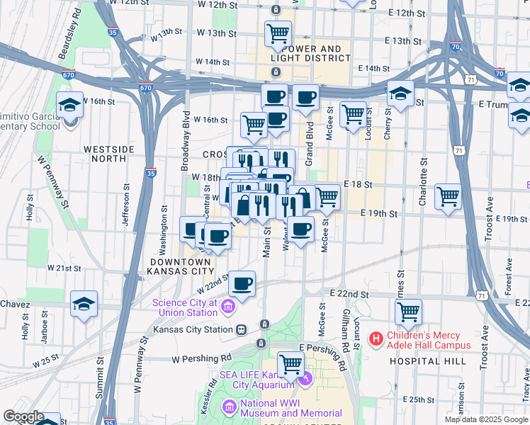 map of restaurants, bars, coffee shops, grocery stores, and more near 1908 Main Street in Kansas City